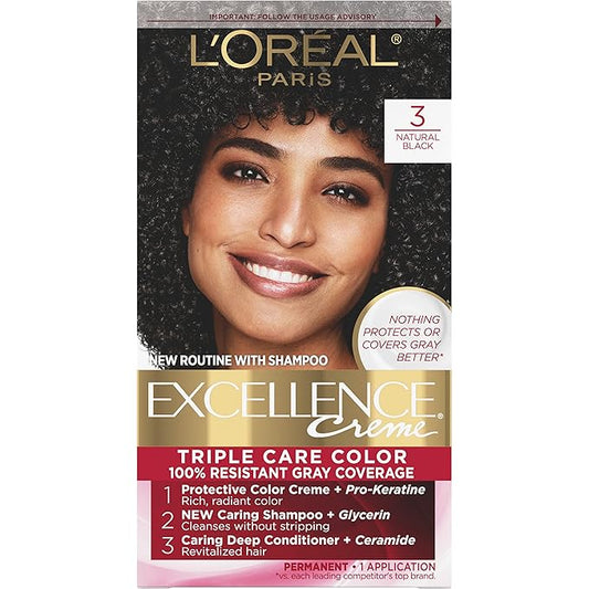 L'Oreal Paris Excellence Creme Permanent Triple Care Hair Color, 3 Natural Black, Gray Coverage For Up to 8 Weeks, All Hair Types, Pack of 1