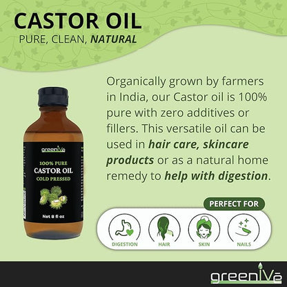 GreenIVe Castor Oil Organically Grown 100% Pure 8oz Glass Bottle Cold Pressed, Hexane Free, Eyelash and Eyebrow Growth Serum, Skin Moisturizer Detox and Wraps