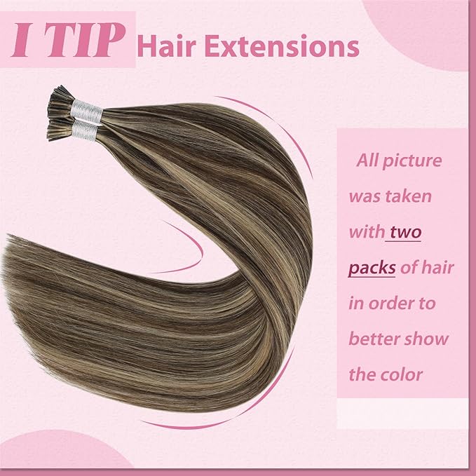 YoungSee Itip Hair Extensions Real Human Hair Brown I Tips Hair Extensions for Women Highlight Dark Brown and Blonde Itip Hair Extension for Long Hair 24In Invisible Keratin Hair Extension 50g 50s