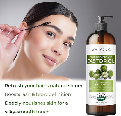 velona USDA Certified Organic Castor Oil - 64 fl oz | For Hair, Boost Eyelashes, Eyebrows | Cold pressed, Natural Oil, USP Grade | Hexane Free