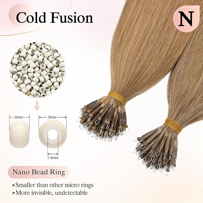 Nano Bead Human Hair Extensions - Nano Bond & Tip Extensions, Silky Straight Natural 50g/50 Stands 16" Dark Blonde