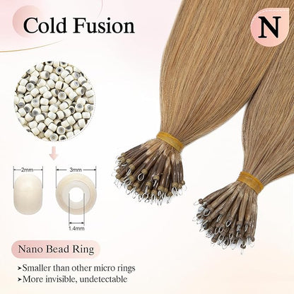 Nano Bead Human Hair Extensions - Nano Bond & Tip Extensions, Silky Straight Natural 50g/50 Stands 16" Dark Blonde