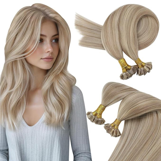 Sunny Hair Flat Tip Hair Extensions Blonde Flat Tip Real Hair Extensions Ash Blonde Mix Bleach Blonde Highlight Hot Fusion Keratin Bond Flat Tip Hair Extensions Silky Straight Long Hair 50g 22inch
