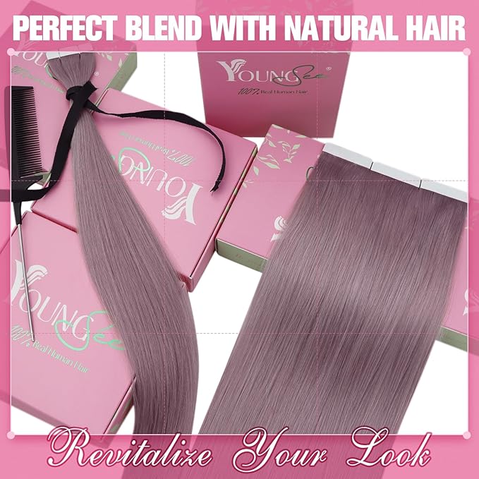 YoungSee Tape in Hair Extensions Human Hair Purple Hair Extensions Tape in Lavender Tape Remy Hair Extensions Human Hair 14In Light Purple Tape in Hair Extensions Colored Highlight 25g 10pcs
