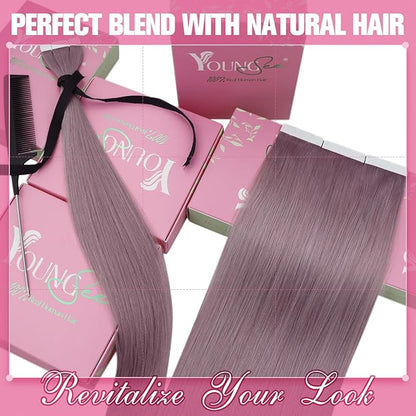 YoungSee Tape in Hair Extensions Human Hair Purple Hair Extensions Tape in Lavender Tape Remy Hair Extensions Human Hair 14In Light Purple Tape in Hair Extensions Colored Highlight 25g 10pcs
