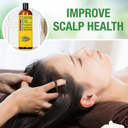 Seven Minerals Cold Pressed Castor Oil with Rosemary - 16 fl oz Bottle - Unrefined & Hexane Free - Hair Growth, Thicker Eyelashes & Eyebrows, Dry Skin Care, Joint and Muscle Pain (Pack of 1)