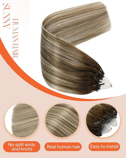 Sunny Hair Micro Link Hair Extensions Human Hair Balayage Brown Micro Beads Hair Extensions Brown Balayage Ash Brown with Blonde Micro Loop Hair Extensions Add Luster 18inch 50g