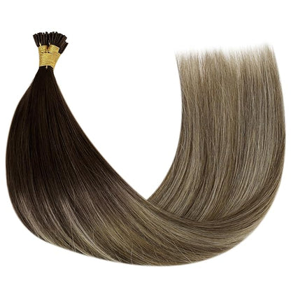 YoungSee I Tip Hair Extensions Balayage Tip Hair Extensions Balayage Brown with Blonde I Tips Human Hair Extensions 18 Inch Invisible I Tip Hair Ombre for Adding Hair Volume 50g 60s Remy Hair