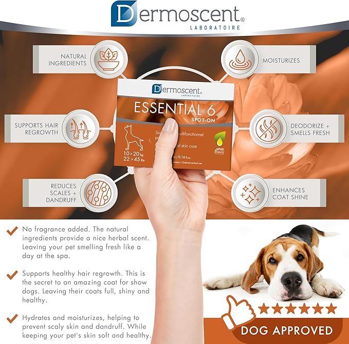 Dermoscent Essential 6 spot-on - Dog Skin Care for Dandruff & Allergy Relief with Vitamin E Oil - Anti Itch for Dogs - Natural Ingredients for Sensitive Skin - Dogs 10-20 kg - 4 Pipettes of 1.2 ml