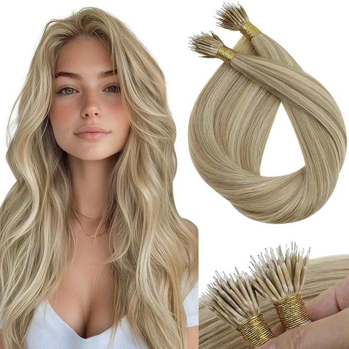 Sunny Hair Nano Bead Hair Extensions Remy Real Human Hair Extensions Nano Bead 18 inch Golden Blonde Highlights Light Blonde Nano Tip Real Hair Extensions for Young Adults 50G