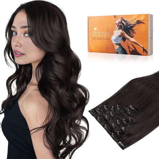 DOORES Human Hair Extensions Clip in, Dark Brown 120g 7pcs 14 Inch, Thick Silky Clip in Hair Extensions Remy Natural for Women Gift