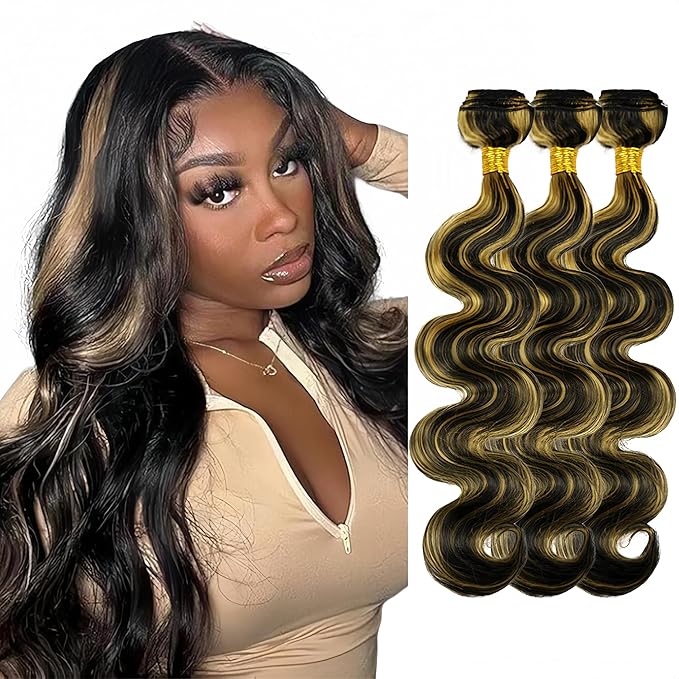 P1B27 Body Wave Bundles Human Hair Highlight Bundles 12 14 16 Inch Niegmeag Brazilian Virgin Remy Hair Extensions Double Weft Highlight Blonde Body Wave Bundle Hair Weave