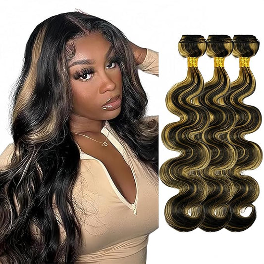 P1B27 Body Wave Bundles Human Hair Highlight Bundles 12 14 16 Inch Niegmeag Brazilian Virgin Remy Hair Extensions Double Weft Highlight Blonde Body Wave Bundle Hair Weave
