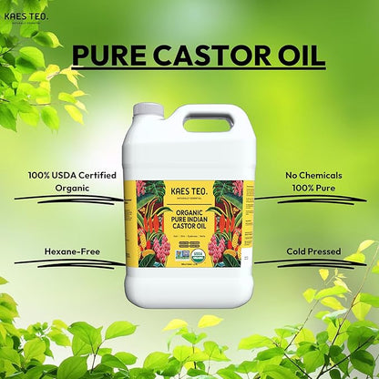 Organic Castor Oil 1 Gallon (128 fl oz) Bulk, 100% Pure Cold-Pressed, Hexane Free, Eyelash, Eyebrow & Hair Growth Serum, Skin Moisturizer, Massage, Hair Loss, Dandruff, Detox and Wraps