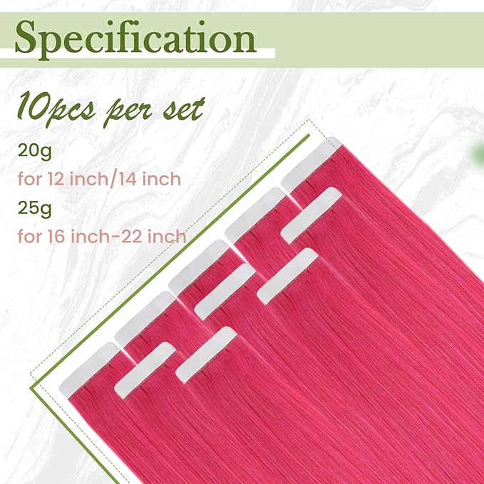 RUNATURE Hot Pink Hair Extensions Tape in, Real Human Hair Tape in Extensions Colored Tape in Hair Extensions Human Hair for Highlight Soft Silky Hair 14 Inch 20g 10pcs