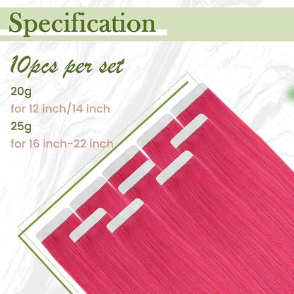 RUNATURE Hot Pink Hair Extensions Tape in, Real Human Hair Tape in Extensions Colored Tape in Hair Extensions Human Hair for Highlight Soft Silky Hair 14 Inch 20g 10pcs