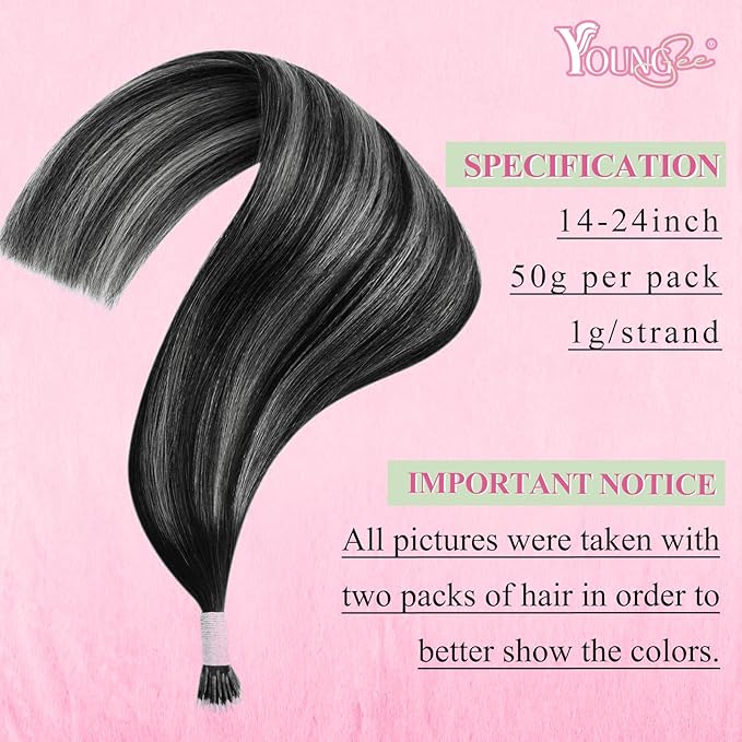 YoungSee Nano Loop Hair Extensions Black Ombre Nano Hair Extensions Real Hair Ombre Black to Silver Nano Bead Hair Extensions Human Hair Silver Human Hair Nano Ring Extensions Black 1g/s 50g 20inch