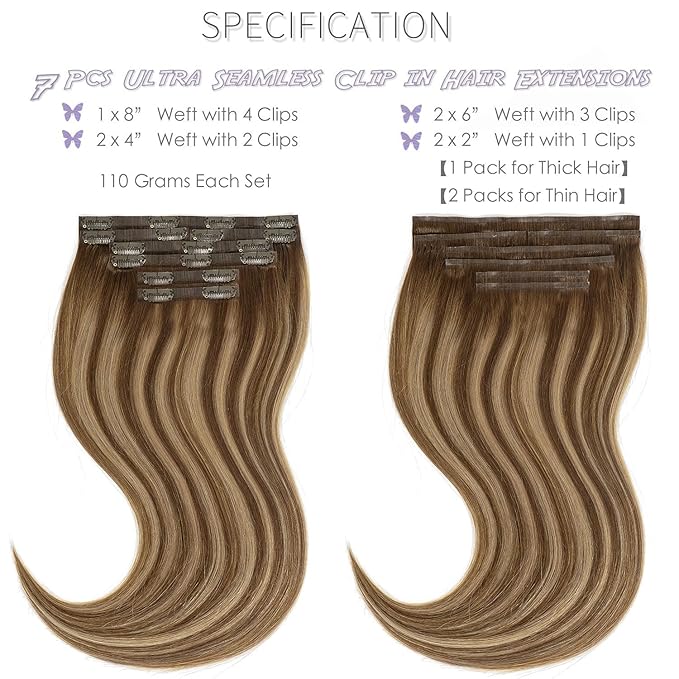 Lacer Seamless Clip in Hair Extensions 7Pcs 130g Clip in Hair Extensions Real Human Hair Chocolate Brown to Caramel Blonde With Brown Roots 18 Clips Invisible PU Skin Weft 16inch For Women