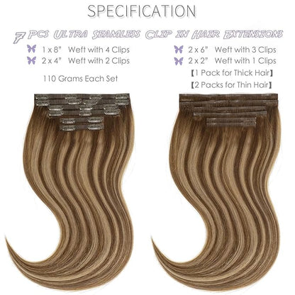 Lacer Seamless Clip in Hair Extensions 7Pcs 130g Clip in Hair Extensions Real Human Hair Chocolate Brown to Caramel Blonde With Brown Roots 18 Clips Invisible PU Skin Weft 16inch For Women