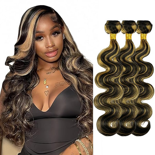 Honey Blonde Body Wave Bundles Highlight Human Hair Bundle Niegmeag Brazilian Virgin Remy Hair 3 Bundles 14 16 18 Inch Double Weft Real P1B27 Bundle Hair Weave