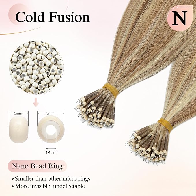 Nano Bead Human Hair Extensions - Nano Bond & Tip Extensions, Silky Straight Natural 50g/50 Stands 18" Golden Brown Mix Bleach Blonde