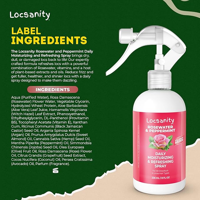 Locsanity Daily Moisturizing Refreshing Spray for Locs, Dreadlocks - Rose Water and Peppermint Hair Scalp Moisturizer, Dreadlock Spray - Natural Loc Care and Maintenance (8oz)