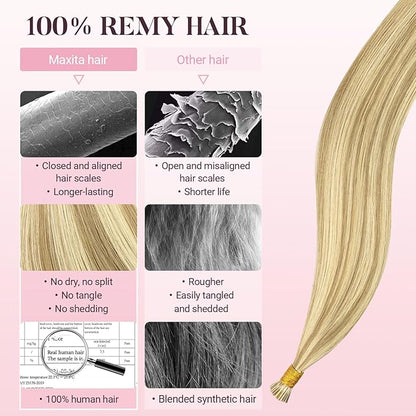 MAXITA I Tip Hair Extensions Human Hair,50g/100s Light Blonde Highlighted Golden Blonde 16 Inch Comfortable Wear, Invisible & Natural Cold Fusion, 100% Remy Human Hair Itip Keratin Hair Extensions