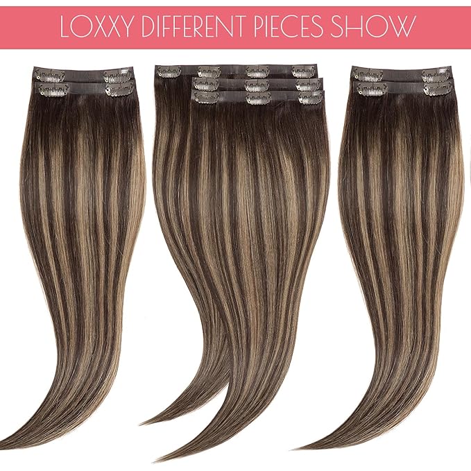 Loxxy Real Hair Extensions - Clip-In Human Hair Ombre Dark Brown to Chestnut Brown - Invisible Clip Ins - 18in, 130g, 7pcs - Seamless, Silky Straight, Thick Remy