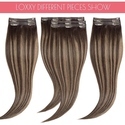 Loxxy Real Hair Extensions - Clip-In Human Hair Ombre Dark Brown to Chestnut Brown - Invisible Clip Ins - 18in, 130g, 7pcs - Seamless, Silky Straight, Thick Remy