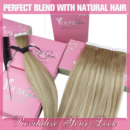 YoungSee Tape in Hair Extensions Human Hair Balayage Tape ins Human Hair Extensions Golden Brown Ombre Platinum Blonde Real Human Hair Tape in Extensions 12 Inch 20pcs 30g Short Hair Extensions