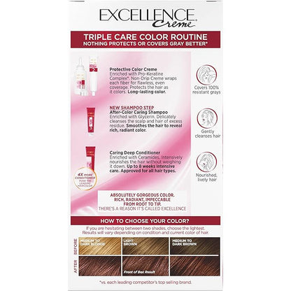L'Oreal Paris Excellence Creme Permanent Triple Care Hair Color, 6RB Light Reddish Brown, Gray Coverage For Up to 8 Weeks, All Hair Types, Pack of 1