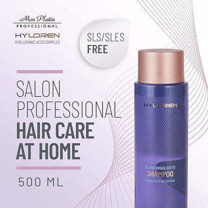 Mon Platin Professional HYLOREN Blond Hair Shampoo with Hyaluronic Acid for Blond & Highlighted Hair, Shampoo for Blond Hair, SLS/SLES Free, Moisturizing Shampoo, Purple Shampoo, 500ml