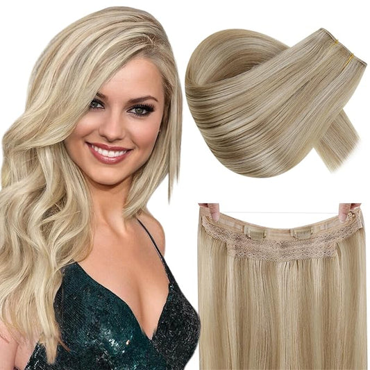 RUNATURE Invisible Wire Hair Extensions Real Human Hair with Transparent Wire, Fish Line Hair Extensions, Remy Soft Natural Hairpieces, Easy to Apply, 18 Inch 80g #16P22 Dark Ash Blonde Highlights