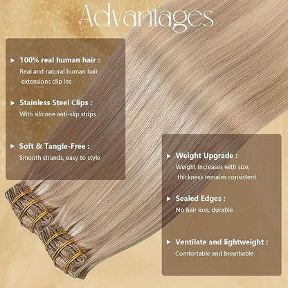 Hair Extensions Real Human Hair 12 Inches 75g Golden Blonde Highlights Hair Extensions Clip Ins Natural Silky Straight Blonde Extensions for Women Real Hair #16/22 7pcs