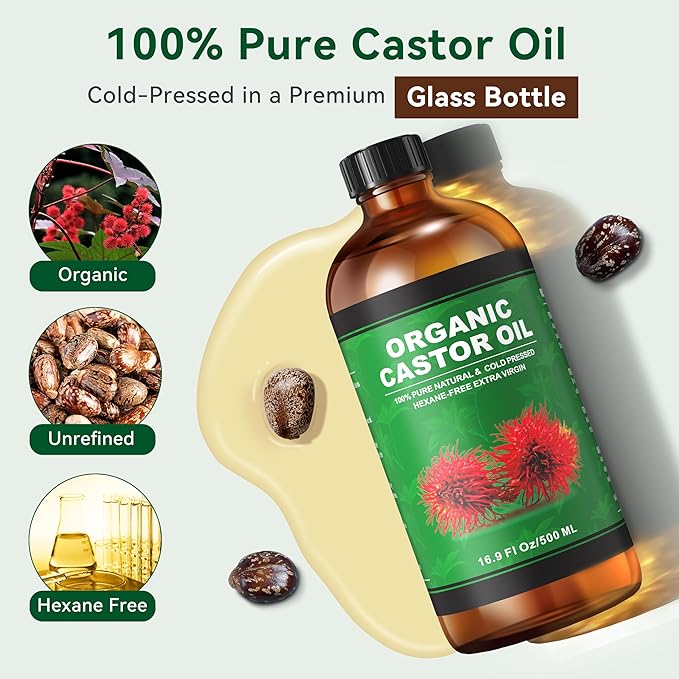 16.9 oz Castor Oil Organic Cold Pressed Unrefined Glass Bottle | 4 Pcs Castor Oil Pack Wrap Organic Cotton Reusable, Caster Oils Kit for Face, Hair, Eyelashes, Waist, Knee, Body