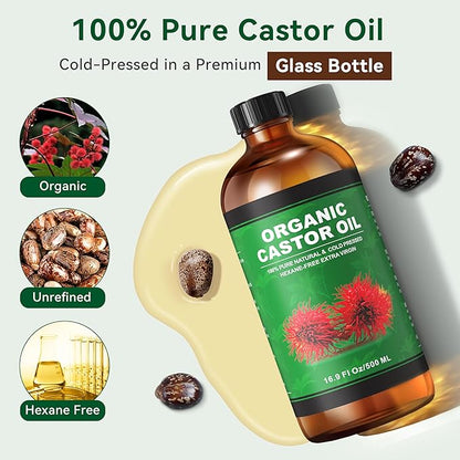 16.9 oz Castor Oil Organic Cold Pressed Unrefined Glass Bottle | 4 Pcs Castor Oil Pack Wrap Organic Cotton Reusable, Caster Oils Kit for Face, Hair, Eyelashes, Waist, Knee, Body