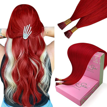 YoungSee I Tip Hair Extensions Red 22 Inch Pre Bonded I Tip Hair Extensions Human Hair I Tip Red Hair Extension Human Hair Colorful 25 Strands 25g