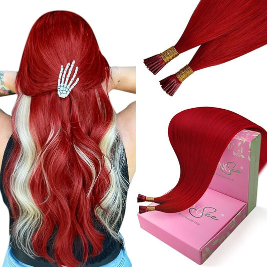 YoungSee Red I Tip Hair Extensions 25g Red I Tips Hair Extensions Real Human Hair Colored Keratin Tip Extensions 18In 30s Color Hair Extension for Women Girls Cosplay Invisible Extensions Human Hair