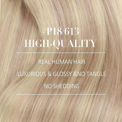 YoungSee Blonde Clip in Hair Extensions 20 inch Blonde Hair Extensions Clip in Highlights #18/613 Blonde Clip in Hair Extensions Human Hair Soft 100G 7Pcs
