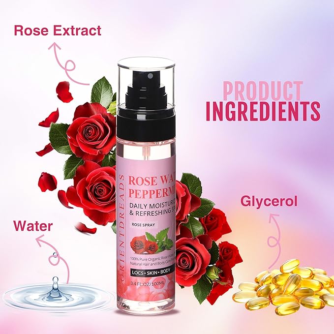 Moisturizing Rose Water and Peppermint Hair Scalp Refresher with Castor Oil for Locs and Dreadlocks - Natural Loc Care and Maintenance (3.4oz)