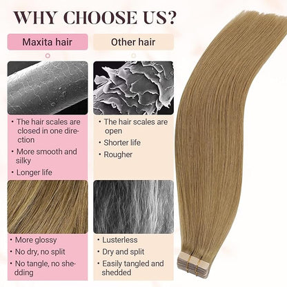 MAXITA Tape in Hair Extensions Human Hair 16 inch 50g 20pcs Light Chestnut Brown Real Human Hair Extensions 100% Remy Seamless Straight Hair Extensions for Women