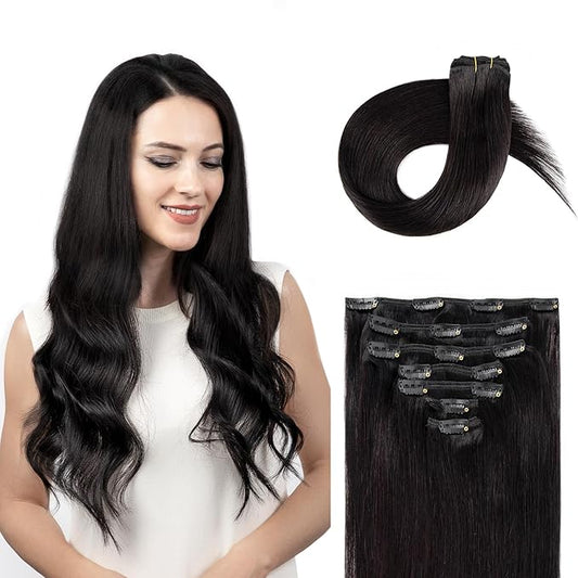 Clip in Hair Extensions Real Human Hair, Remy Hair Clip in Extensions Human Hair, Natural Black 100% Human Hair Extensions for Women #1B 18Inch 120G 7PCS