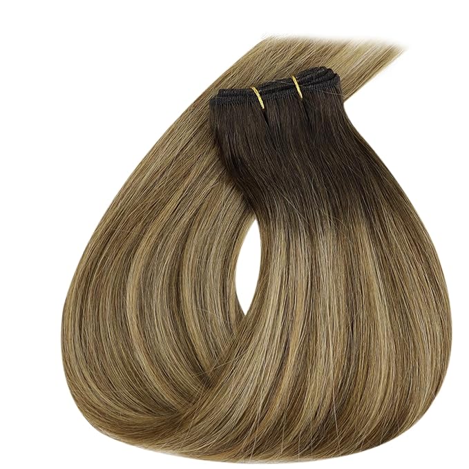 Full Shine Weft Hair Extensions Human Hair 22 Inch 105g Balayage Dark Brown to Caramel Blonde Sew in Hair Extensions Real Human Hair Weft Extensions Sew in Hair Bundles Full Head