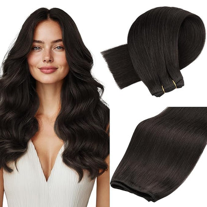 MAXITA Sew in Hair Extensions Real Human Hair, Weft Hair Extensions Human Hair, #2 Dark Brown 18 inch 100g Double Weft Remy Silky Sew in Weft Hair Extension Human Hair