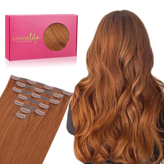WENNALIFE Seamless Clip In Hair Extensions Human Hair, 24 Inch 160g 7pcs Dirty Ginger Real Hair Extensions Clip in Human Hair Invisible PU Skin Weft Natural Remy Hair