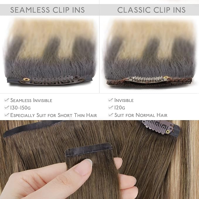 WENNALIFE Seamless Clip In Hair Extensions Human Hair, 24 Inch 160g 7pcs Balayage Chocolate Brown to Dirty Blonde Invisible Natural PU Weft Straight Extensiones De Cabello Hmano
