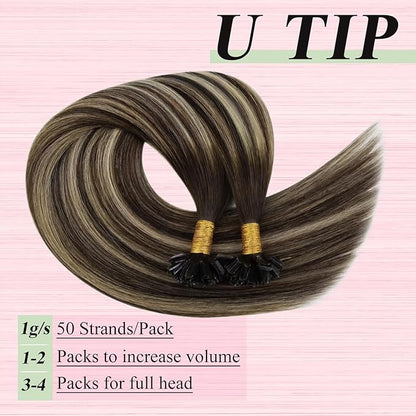 YoungSee Ombre Utip Hair Extensions Balayage Brown Ombre Blonde U Tip Extensions Ombre Utip Remy Human Hair Extensions Brown K Tip Hair Extensions Real Human Hair for Women 18In 50s/50g Silky Straight
