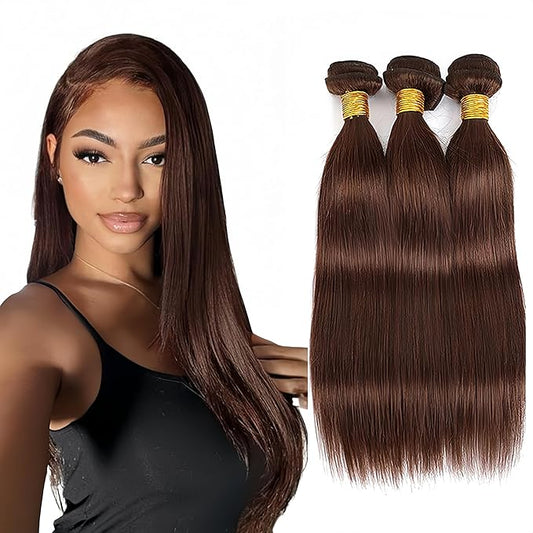 30 32 34 Inch Chocolate Brown Bundles Human Hair Brown Straight Bundles Niegmeag Brazilian Virgin Soft and Sikly Remy Hair Extensions Number 4 Color