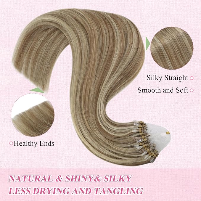 YoungSee Microbead Hair Extensions Highlight Microlink Hair Extensions Human Hair Light Brown Highlight Blonde Micro Beads Hair Extensions for Short Hair 14In 50s 50g Beaded Hair Extensions Soft