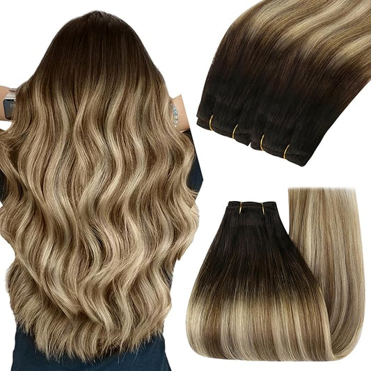 YoungSee 130g Sew in Hair Extensions Real Human Hair Brown Balayage Straight Weft Extensions Human Hair Darkest Brown to Brown with Blonde Rooted 24Inch